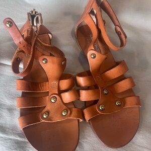 Women's Cognac Strappy Leather Stud Sandals with Ankle Strap